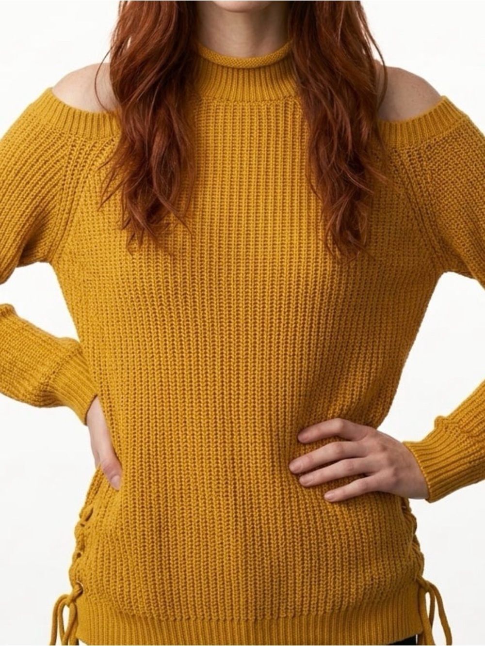 JODIFL | Mustard Yellow Cold Shoulder Turtleneck Sweater Lace Up Women’s Size L